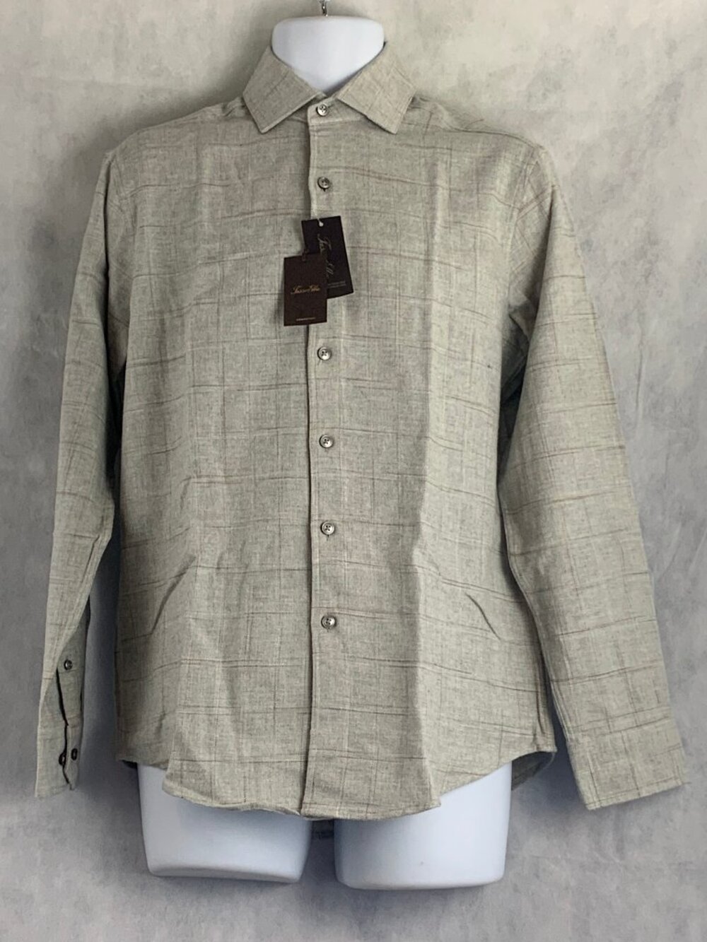 Tasso Elba Men's 100% Cotton Long Sleeve Button-Down Shirt, Tan Plaid, Small